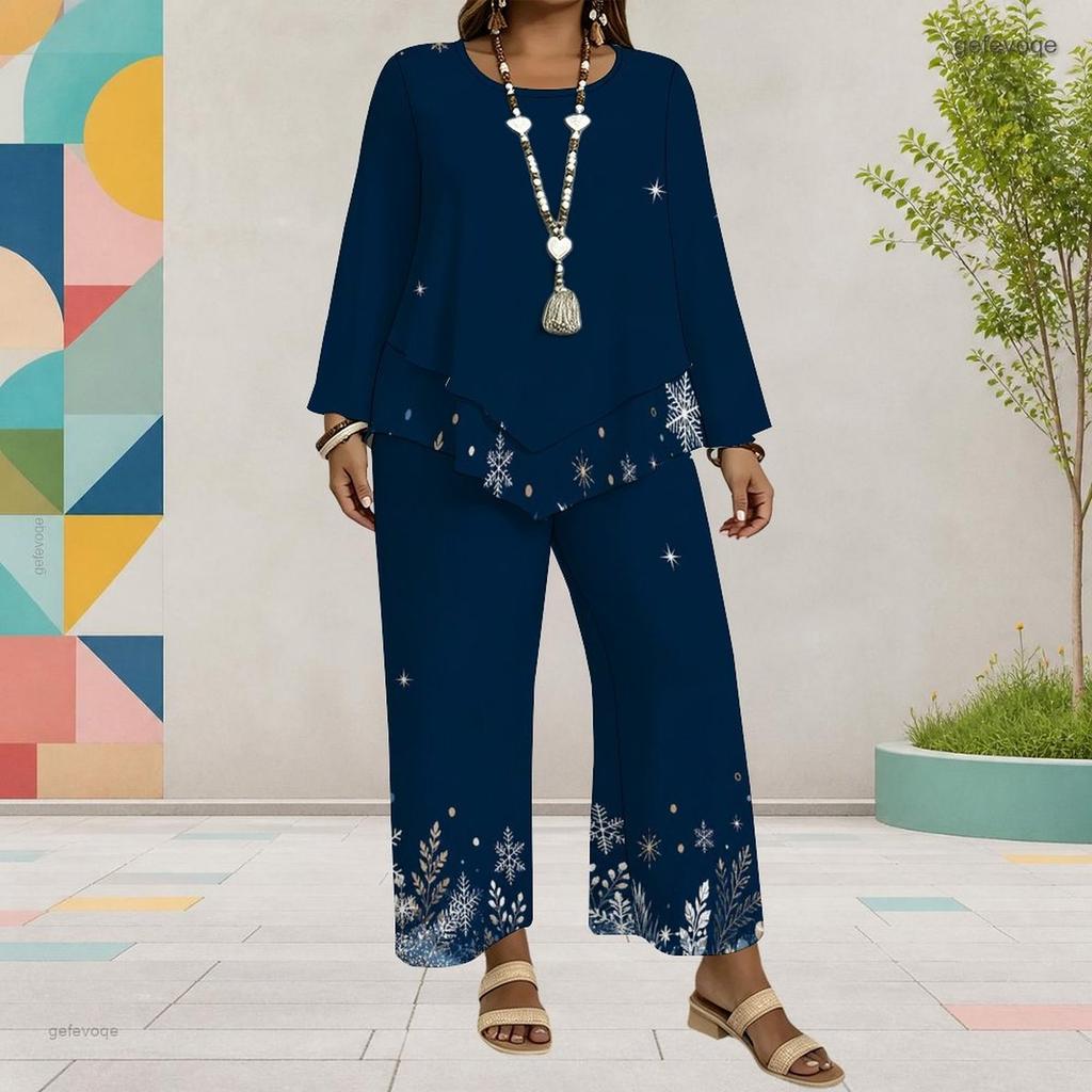 Women Plus Size Dark Blue Printed Round Neck Long Sleeve Two Piece Set Asymmetrical Layered Top Wide Leg Pants