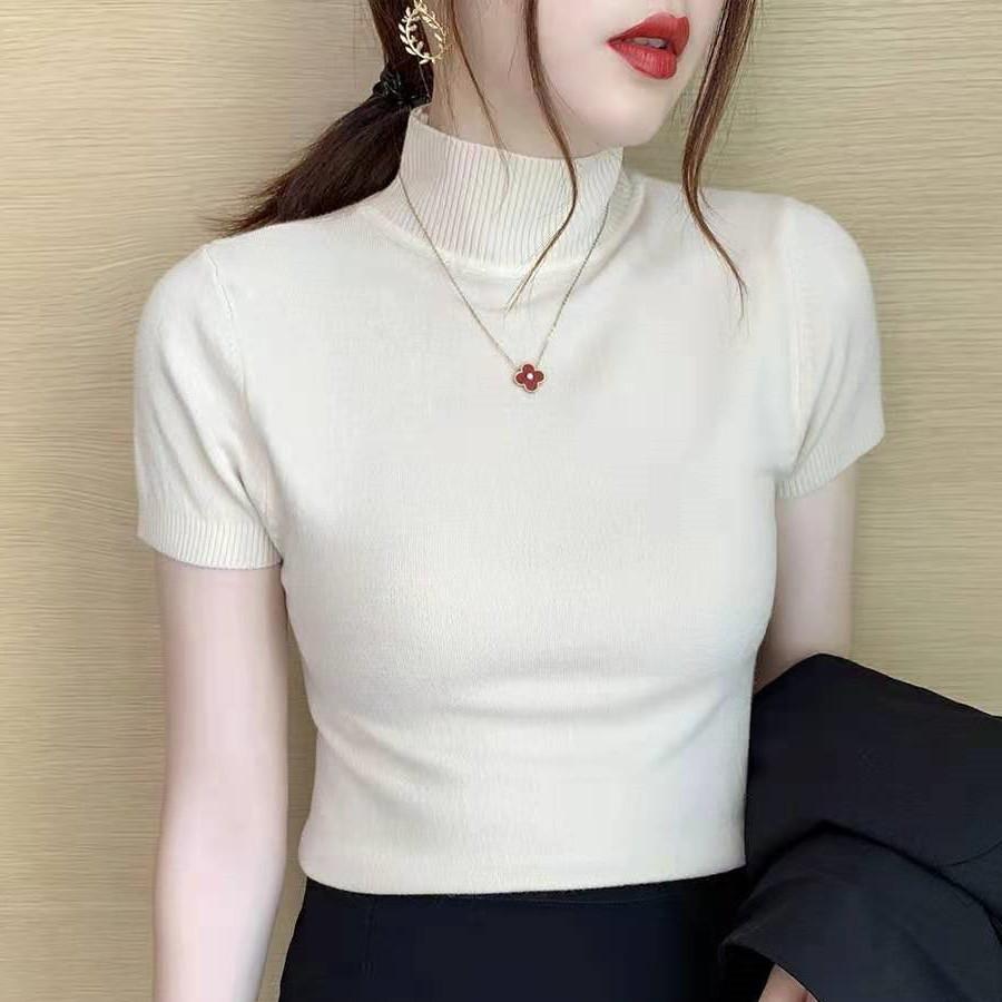 Модная весенне-осенняя мягкая трикотажная рубашка с полувысоким воротом, короткий рукав, женский топ, тонкий теплый низ, повседневные, облегающие, свитера, футболки