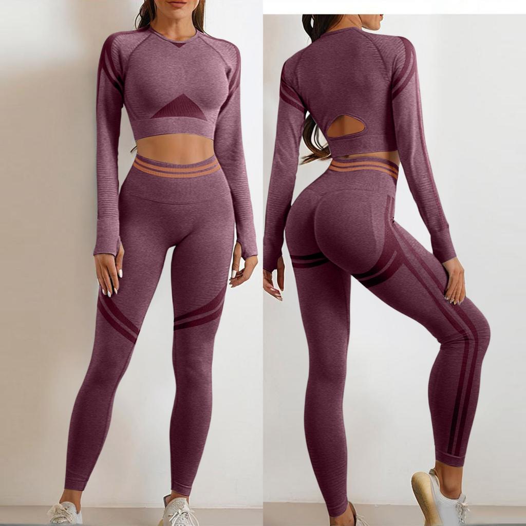 Женский бесшовный комплект: леггинсы с высокой талией и укороченный топ с длинным рукавом. Эластичный костюм для тренировок, йоги, спорта