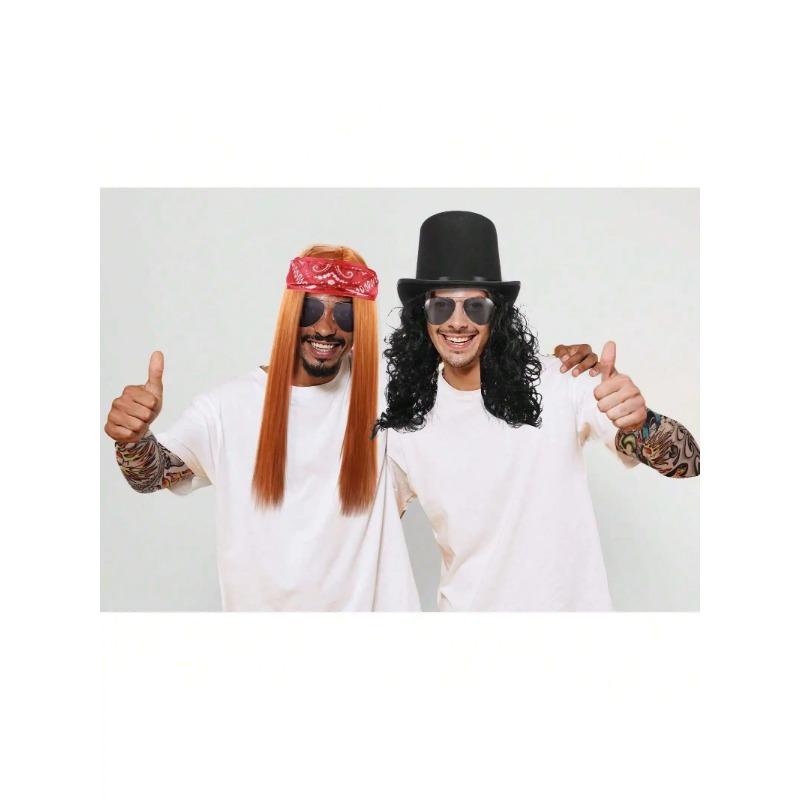 7 Pcs 70s 80s Rocker Costume Heavy Metal Wig Men women Hippie Wig with Bandana Sunglasses Punk Gloves Tattoo Sleeves for 80s Pun