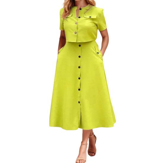 Женская рубашка и юбка, однотонная блузка с круглым вырезом, застегивающаяся на пуговицы, юбка с карманами, летний наряд для офиса, деловых мероприятий
