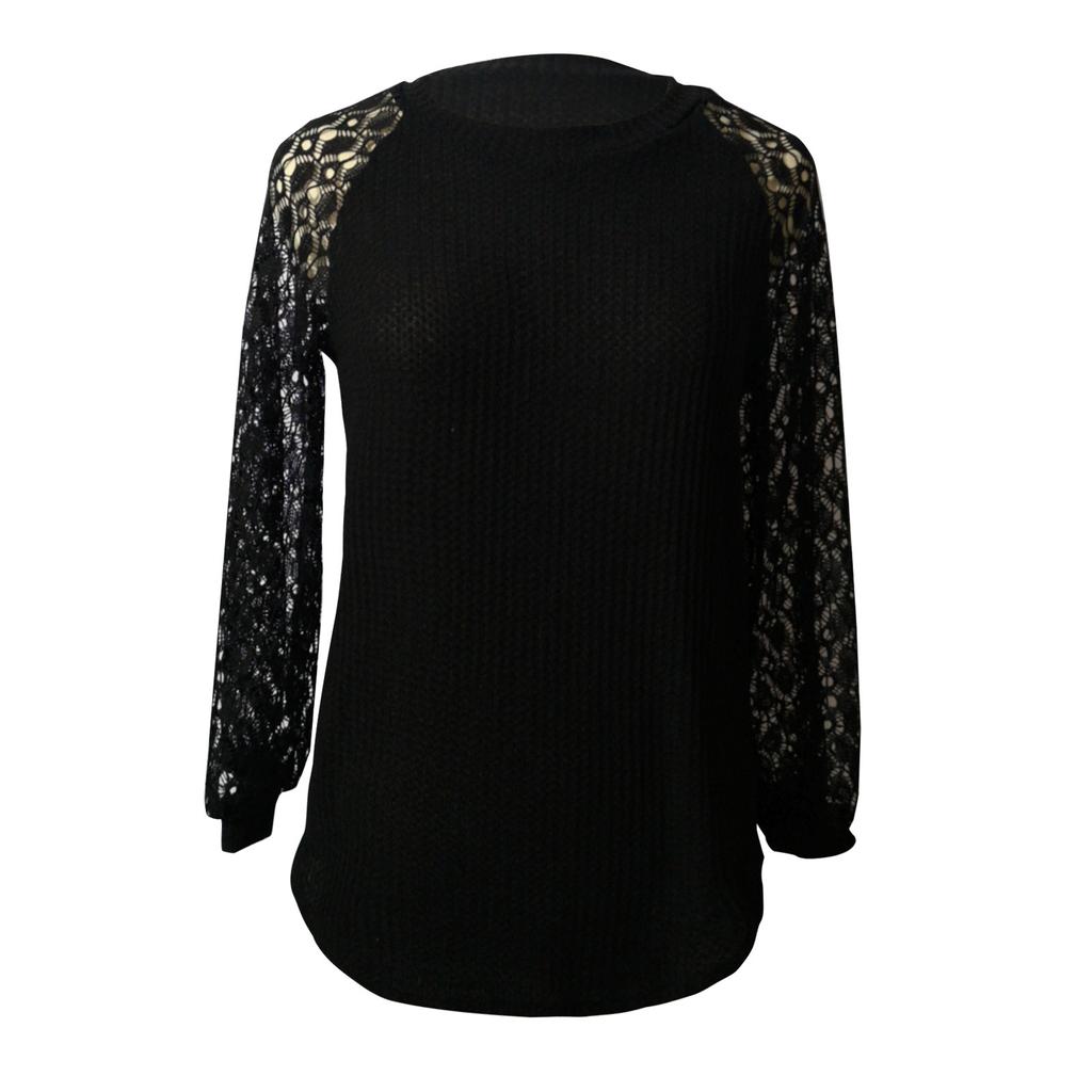 Женская мода с круглым вырезом и кружевом с длинным рукавом, повседневный свободный топ, пуловер