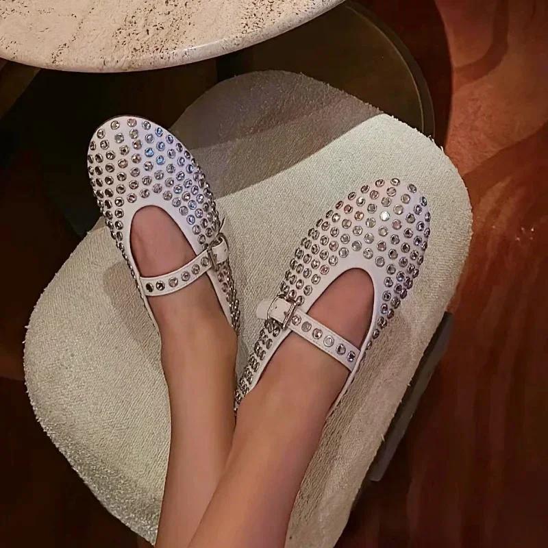 Новые дизайнерские туфли 2024 года Water Diamond Rivet Mary Jane Ballet Shoes Women Flats Comfortable Ballet Shoes for Women Lolita Shoes
