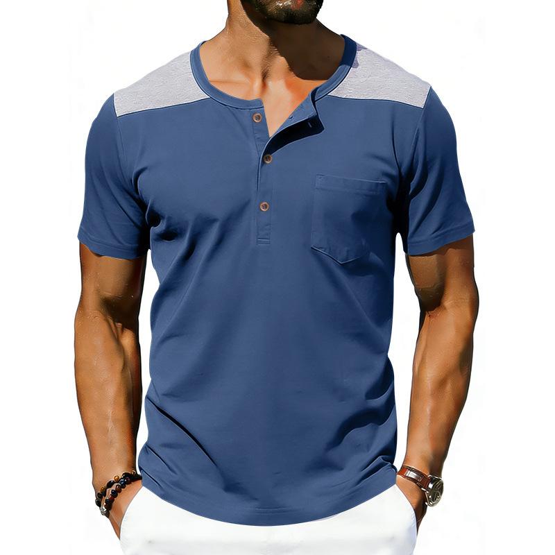 Мужская футболка-henley с контрастными плечами, коротким рукавом, карманом, повседневная