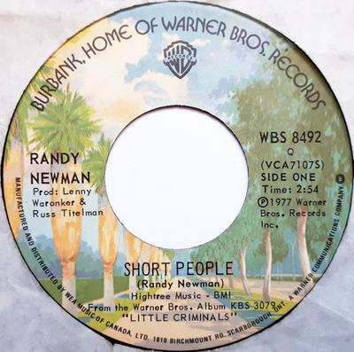 7-дюймовая пластинка RANDY NEWMAN - Short People WBS8492 WARNER BROS. RE 1977 Канада Скала Использованная