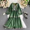 Travel Vacation Retro Ethnic Embroidery V-neck Tassel Lace-up Dress Long-sleeved Fashion Temperament Long Dress