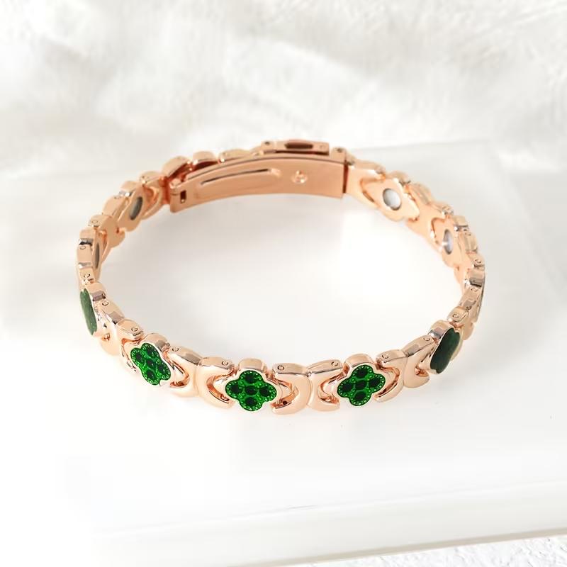 Ladies' Magnetic Bracelet -3500 Gauss Strong Magnetic, Rose Gold Plated Adjustable Buckle, Rose Gold Leaf and Magnetic Bead Desi