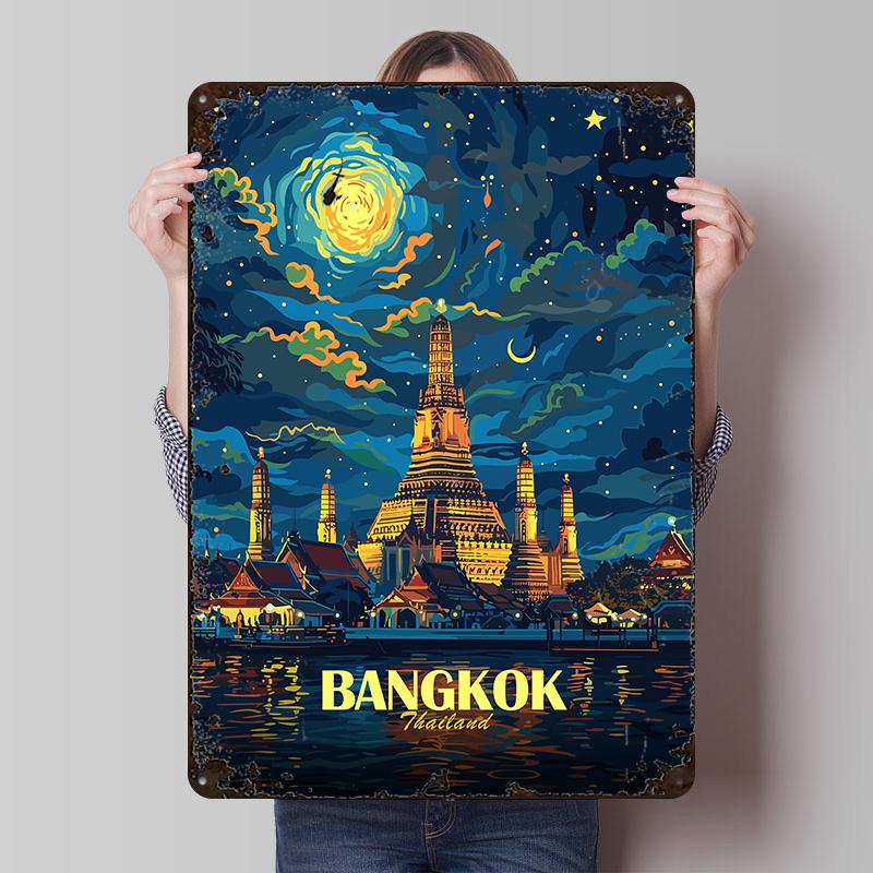 Bangkok Thailand Nightscape Metal Poster Customized Wall Art Retro Vintage Tinplate Signs for Man Cave Bedroom Decorations House