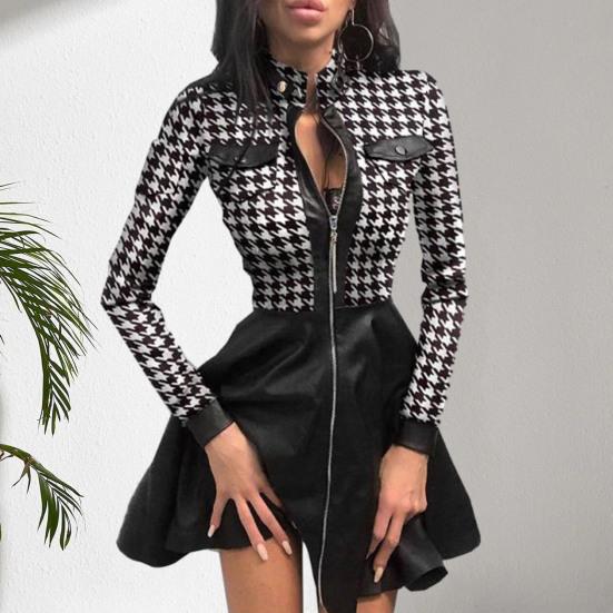 Женское платье Элегантное платье из искусственной кожи Удобное стильное платье трапециевидной формы в клетку с принтом для повседневной носки