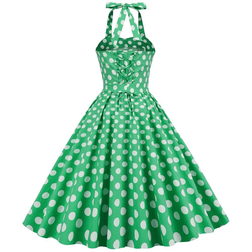 Retro polka-dot lace-up halter-neck flared ball gown performance dress, bohemian style
