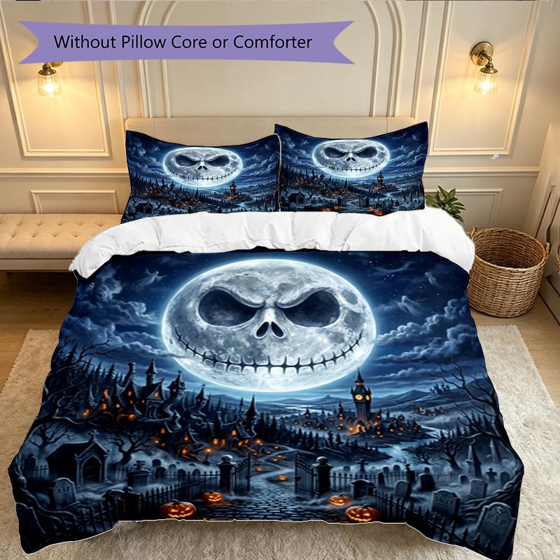 3pcs Halloween Jack Sally Skull Duvet Cover Set for Dorm Room Guest Room Decor, Soft Breathable, Not Comforter Set