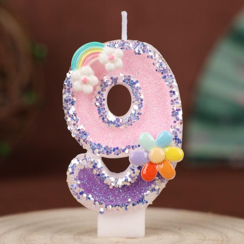Flowers Rainbow Handmade Numbers Birthday Candles Cake Decoration Party Festive First Year Number Candles 0-9