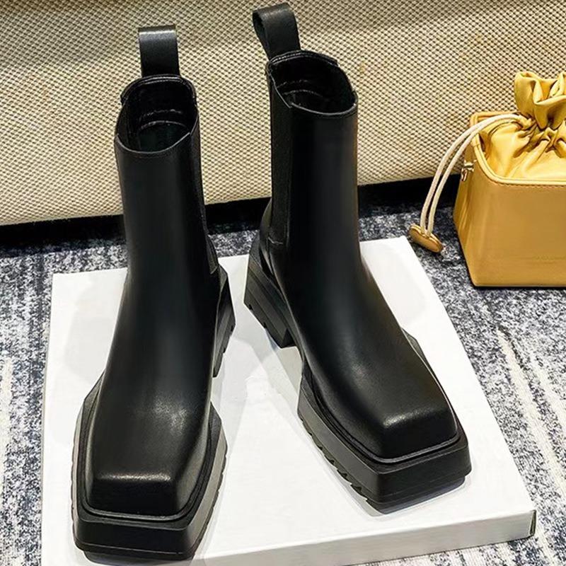 Кожаные маленькие ботинки Мартина женские с внутренней высотой, увеличивающей рост, ботинки для курения на толстой подошве с квадратным носком и толстым каблуком, универсальные