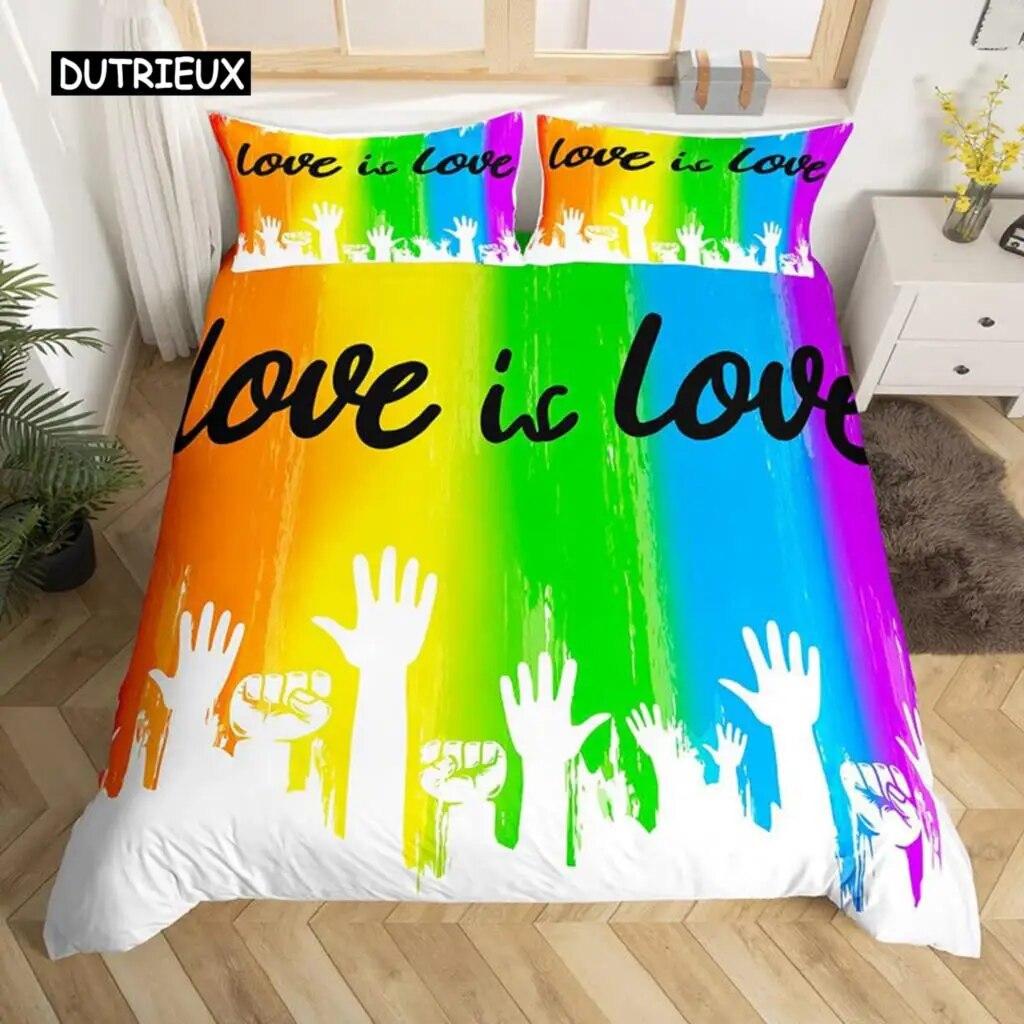 Love is Love Пододеяльник Радужный комплект постельного белья Pride for Love Theme Романтическое одеяло Красочный мультяшный автомобиль Покрывало из трех предметов