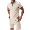 Summer Autumn Men's Polo Neck Waffle Shorts Suit Casual T Shirt Sports Short Sleeve Two-piece Set Trendy Brand
