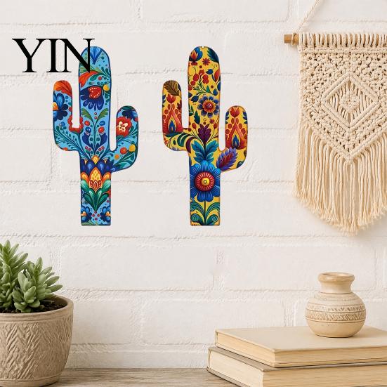 Exotic Floral Wall Art 2Pcs Cactus Decor, Western Wooden Home Farmhouse Mexican Solid Wood for Living Room Bedroom Kitchen Office Double Sided Printed