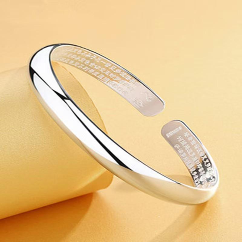 Gypsophila Heart Sutra Silver Open Bangle: Simple Women's Buddhist Bracelet