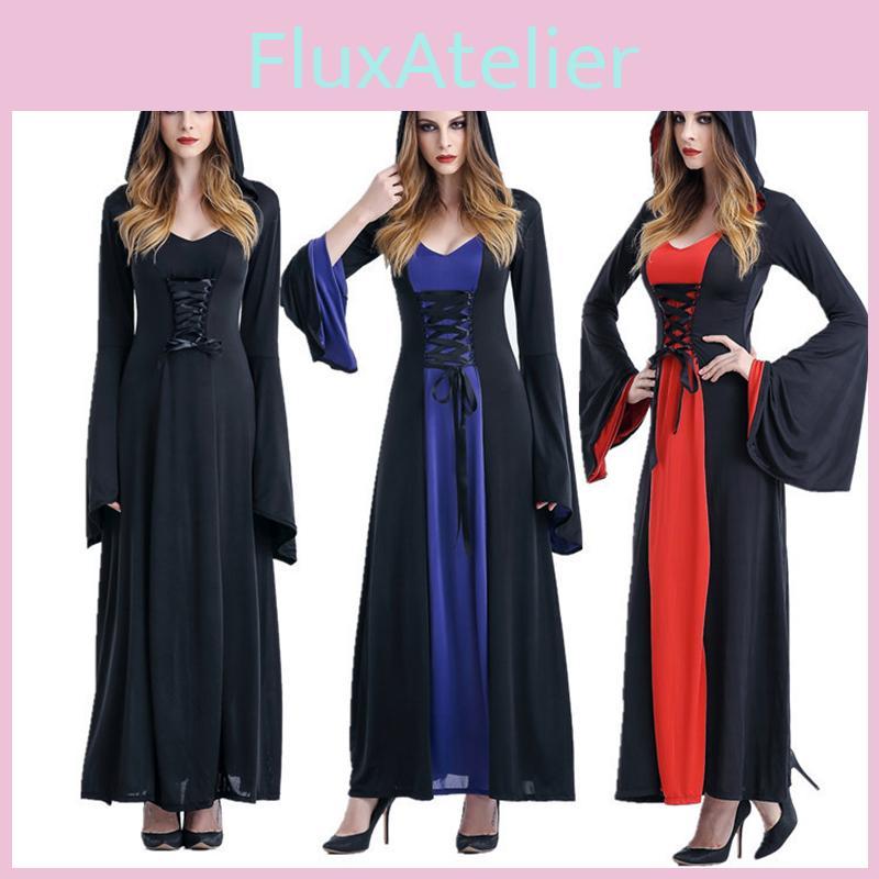 Очаровательное женское готическое платье ведьмы-волшебницы с капюшоном, расклешенными рукавами и шнуровкой