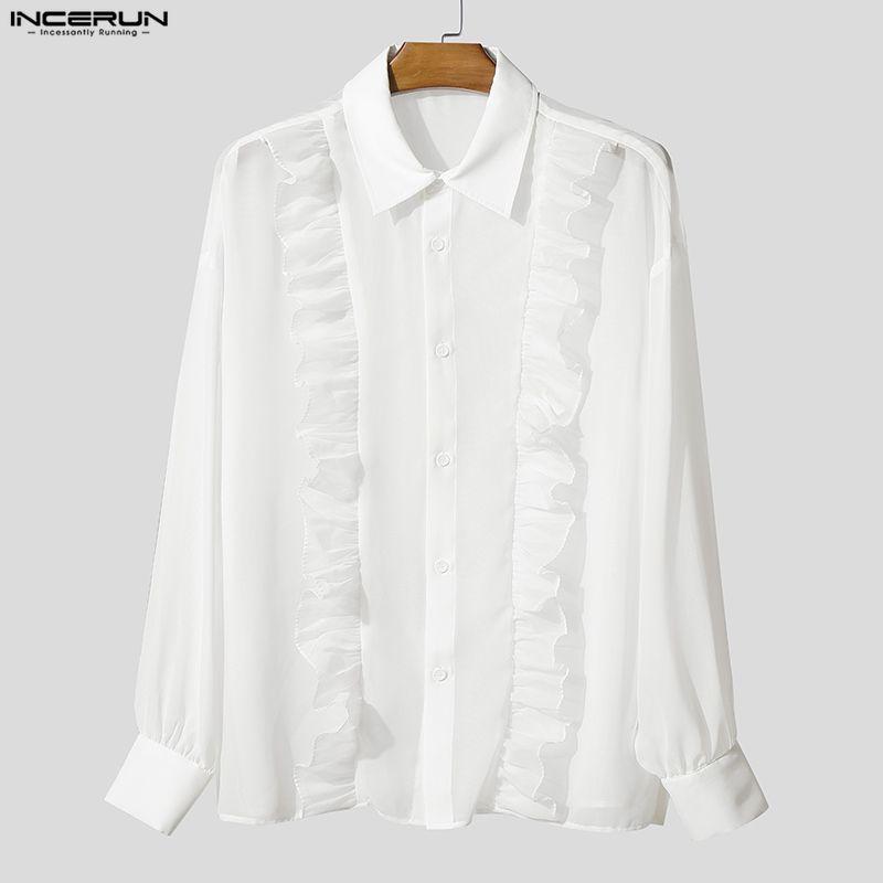 INCERUN Мужские рубашки оверсайз с лацканами, длинными рукавами, рюшами, прозрачные, для вечеринок, клубов, свободного кроя