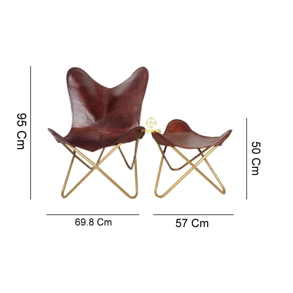 Коричневое кожаное кресло для отдыха - индийское кресло-бабочка ручной работы с османской рамкой