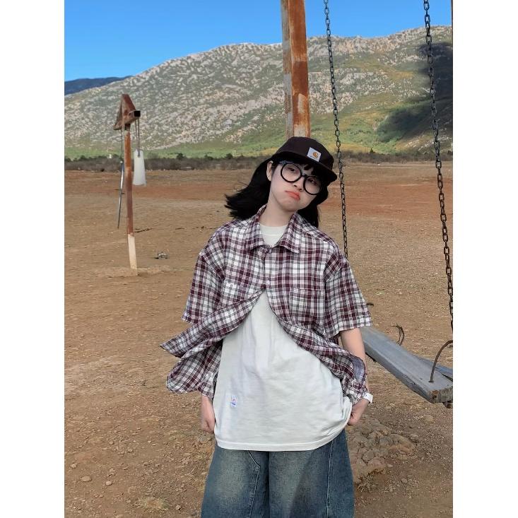 Клетчатая рубашка с коротким рукавом для женщин, летний модный бренд для подростков, учащихся средних и старших классов. Красивая верхняя одежда, свободная Гонконг