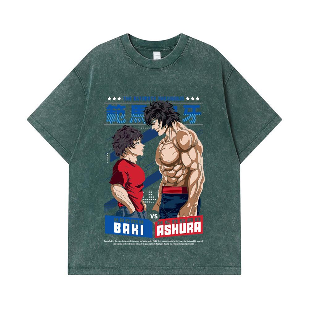 275 GSM Washed T-shirts 100% Cotton Baki V2 Baki Ashura Print Unisex Heavy Cotton T Shirt