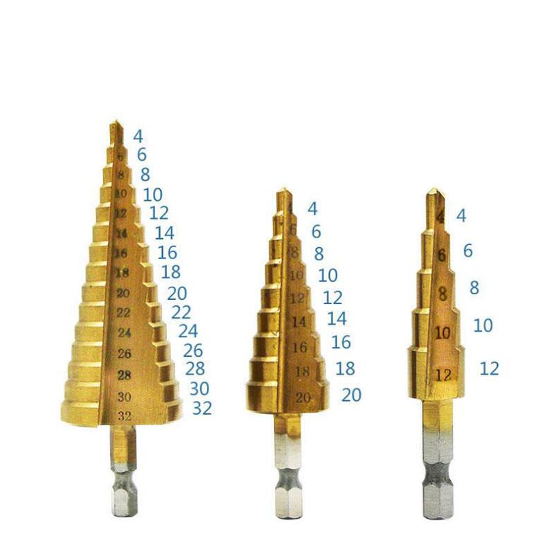 HSS Титановое ступенчатое сверло Коническое ступенчатое сверло для металла дерева Высокоскоростной набор ступенчатых сверл Электроинструменты 3-12 4-12 4-20 4-32 мм