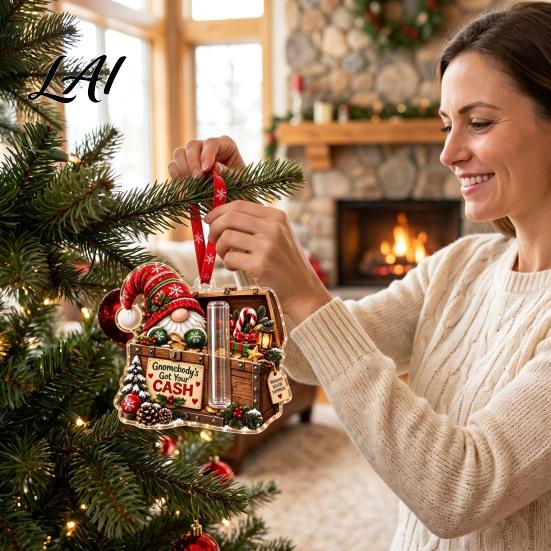 Holiday Cash Present Holder Gnome Christmas Pendant for Hanging Ornament Acrylic Tree Decoration Money Surprise Reveal Kids Adults Ornament