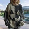 Halloween Spooky Face Sweater for Women Patchwork Print Knit Sweater Top Long Sleeve Crewneck Stitched Fall Outfit