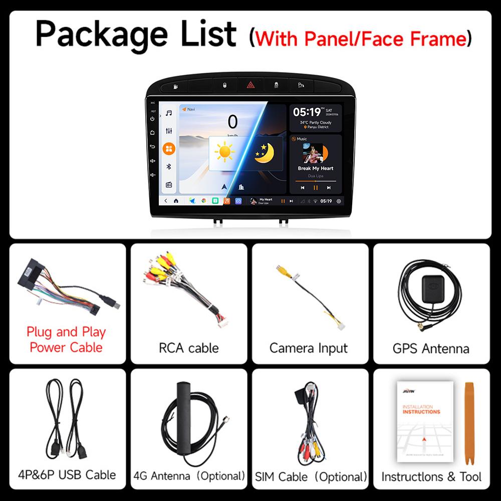 JIUYIN Android 13 Автомагнитола для Peugeot 308 308SW 2007-2015 408 2012-2020 2 DIN Мультимедийный Видеоплеер GPS Навигация Головное Устройство