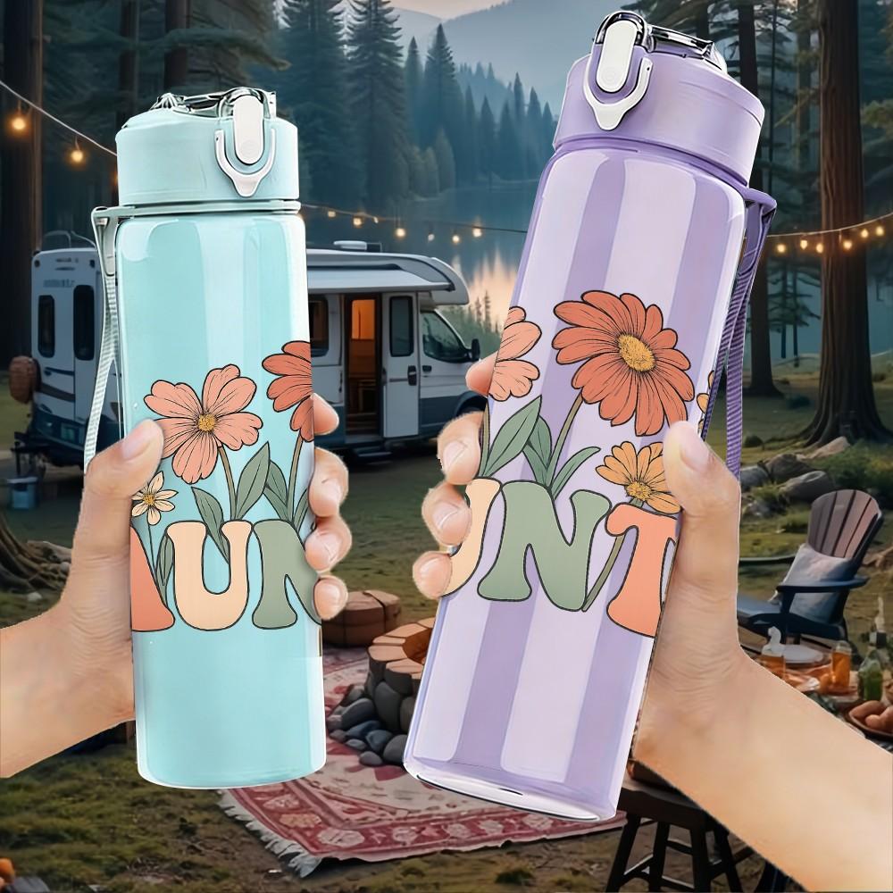 1PC Auntie Wildflower Letter Art 750ml Color Plastic Sports Water Bottle Leakproof Flip Straw Lid Suitable for Sports Office Home Use