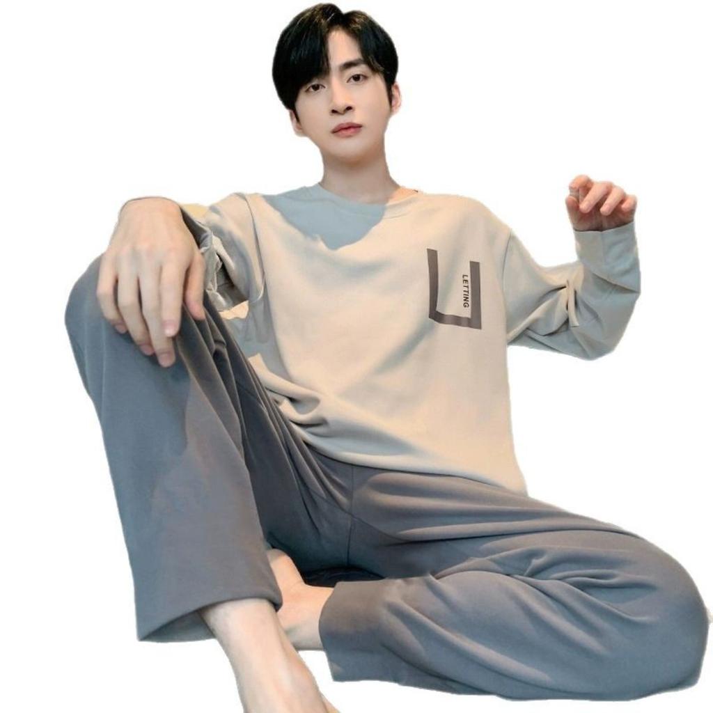 Pajamas Spring and Autumn Men's New Long Sleeve Outable Home Clothes Simple and Casual Large Set