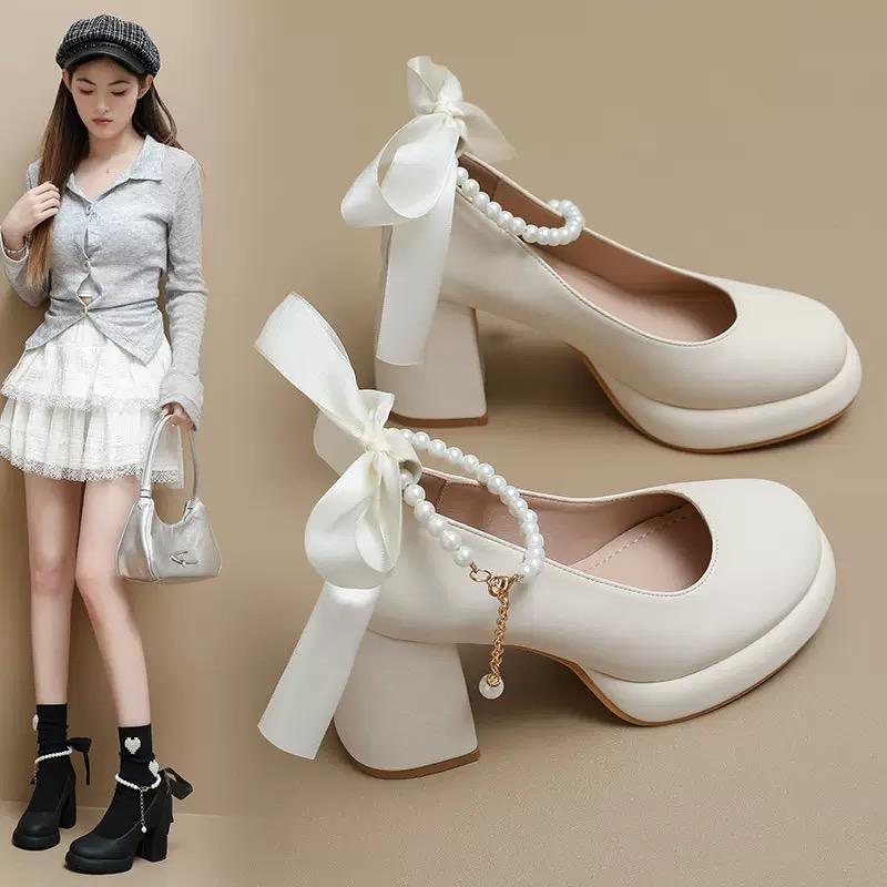 High Quality Mary Janes Shoes for Womens Pearl Necklace Pumps Round Toe Shallow Mouth Beaded Bow Thick High Heels Office Shoes