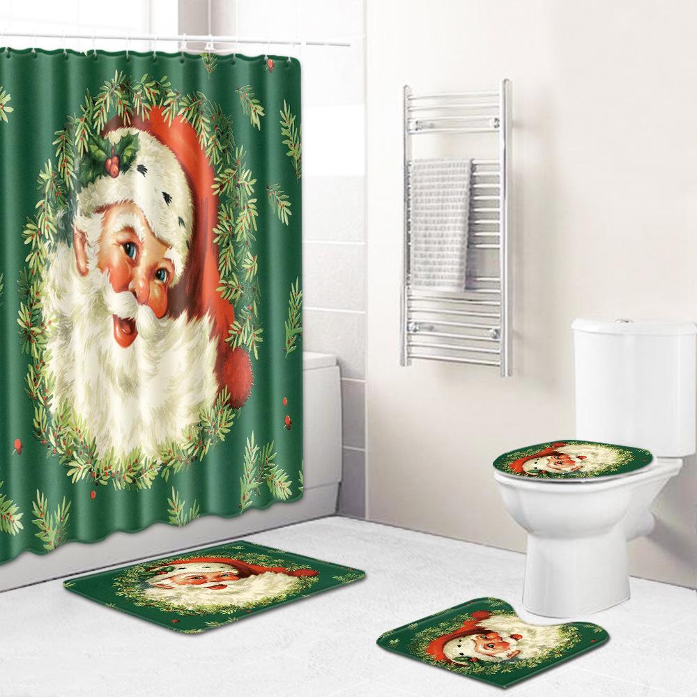 Christmas Shower Curtain Floor Mat Combination Four-Piece Set Bathroom Toilet Carpet Shower Room Mat Foot Mat
