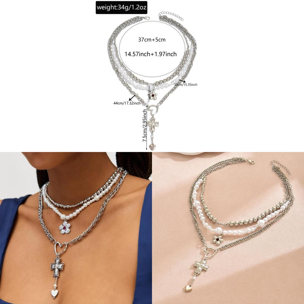 Vintage Heart Cross Pendant Necklace With Alloy Charm And Layered Floral Accents For Fashion