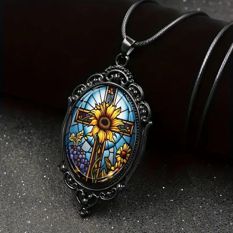 Elegant Chrysanthemum Cross Pattern Glass Pendant Necklace in Black Frame - Fashionable