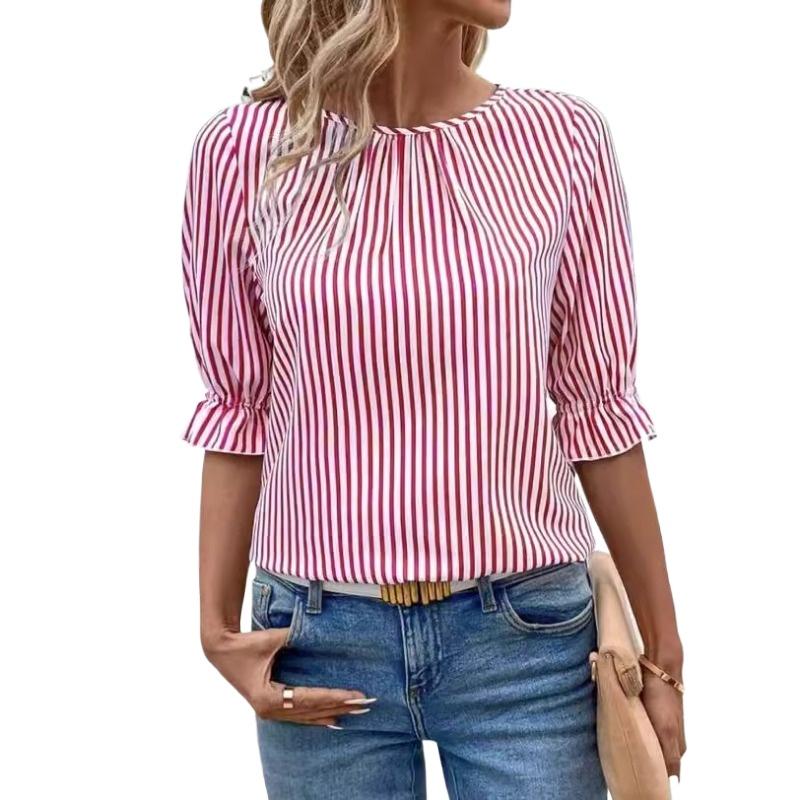 New Fashion Summer Women's Clothing, Blue Striped Button-down Shirt
