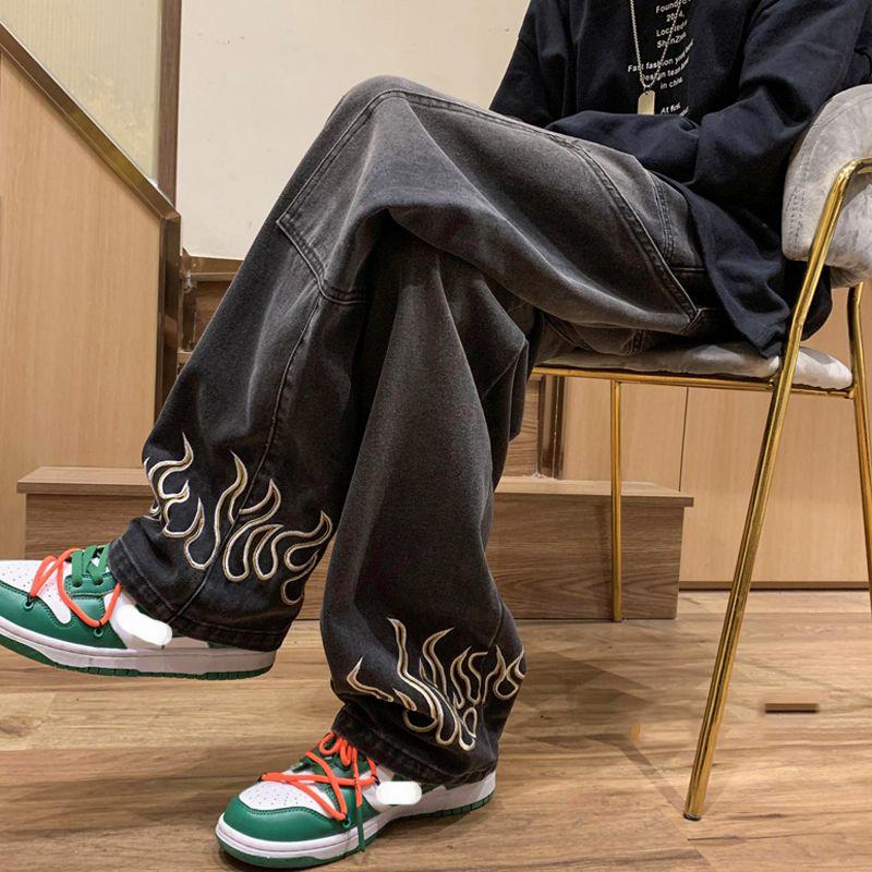 Мужская мода Y2K Одежда Винтажные роскошные джинсы Мужчины Огненная вышивка Высококачественные мешковатые прямые брюки Джинсовые брюки Джинсы для мужчин Уличная одежда
