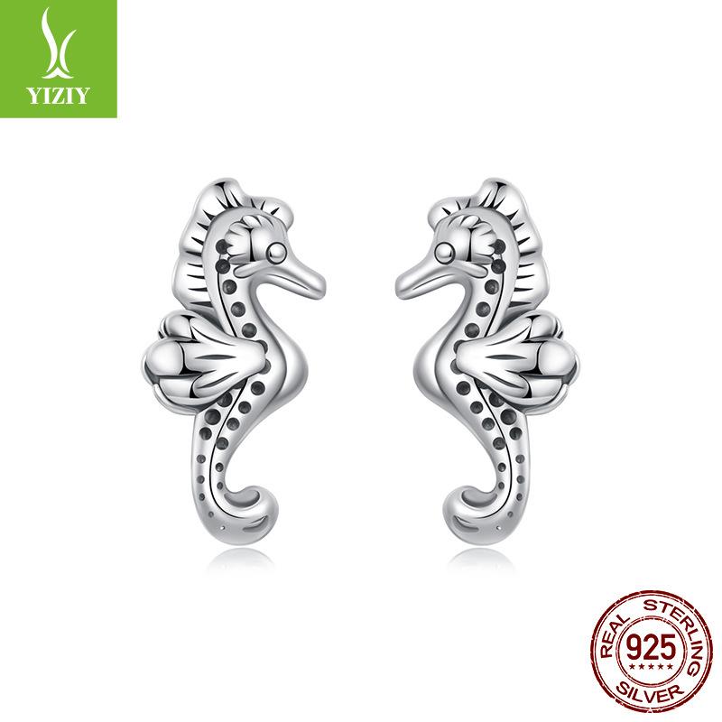 S925 Silver Seahorse Stud Earrings, Exquisite Fashion Plain Silver Ocean Series Small Earrings, Factory