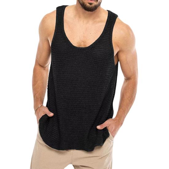 Men Summer Knitted Tops O-neck Sleeveless Solid Color Loose Fit Pullover Tops Stretchy Vest Streetwear
