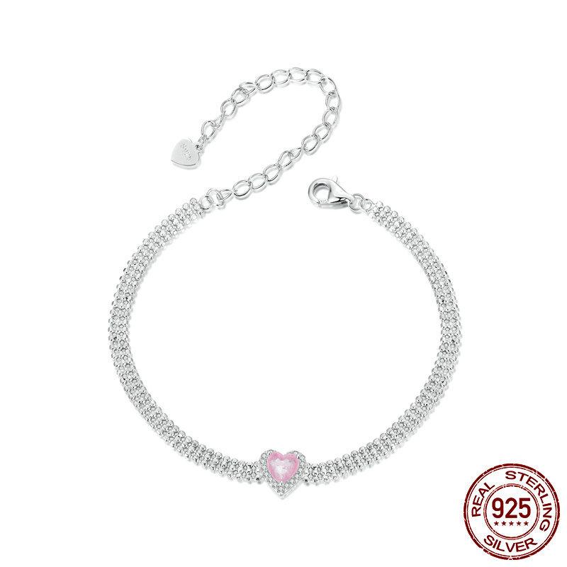 Новый простой браслет Ice Flower Pink Love, сладкий и девичий браслет в форме сердца с цирконом S925 из стерлингового серебра