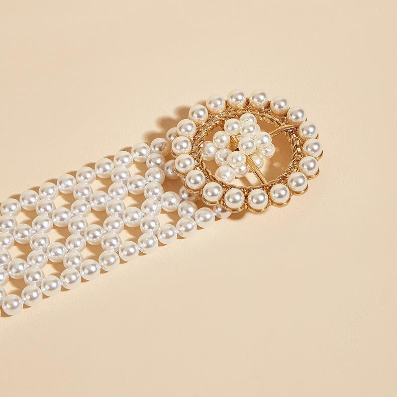 Women'S Sweet Temperament String Pearl Belt Elastic Wide Diamond Waist Seal Retro Skirt Decorative Belt