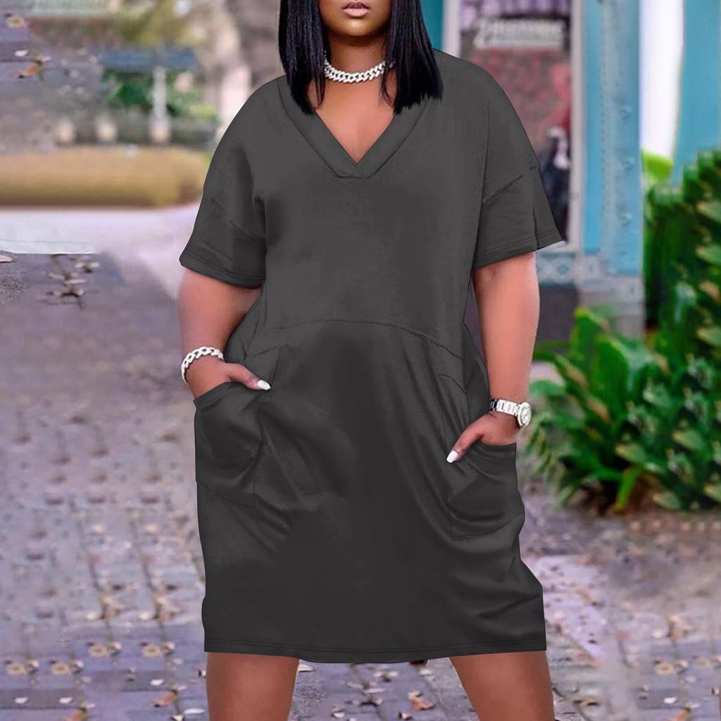 Лето плюс размер V-образным вырезом с коротким рукавом и карманом до колена с градиентным принтом повседневное платье для женщин