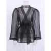 Сексуальная прозрачная черная сетчатая рубашка-жакет Весна/Лето для женщин, Нишевая блузка с длинным рукавом для девушек