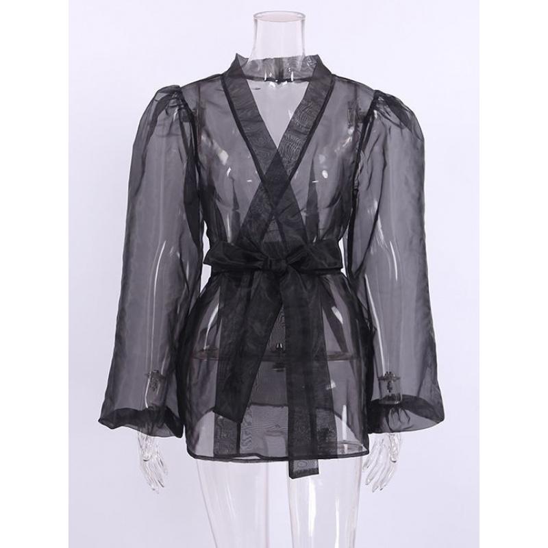 Сексуальная прозрачная черная сетчатая рубашка-жакет Весна/Лето для женщин, Нишевая блузка с длинным рукавом для девушек