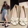 2024 Spring and Autumn New Sweet Flat-bottomed Bow Single Shoes Women's Soft-soled Retro Square Head Light Mouth Beanie Shoes Ladyshoes