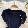 Summer Women Gold Button Knitted Sweater Outfits Short Sleeve Pullover Top and Midi Bodycon Skirt Two Piece Set