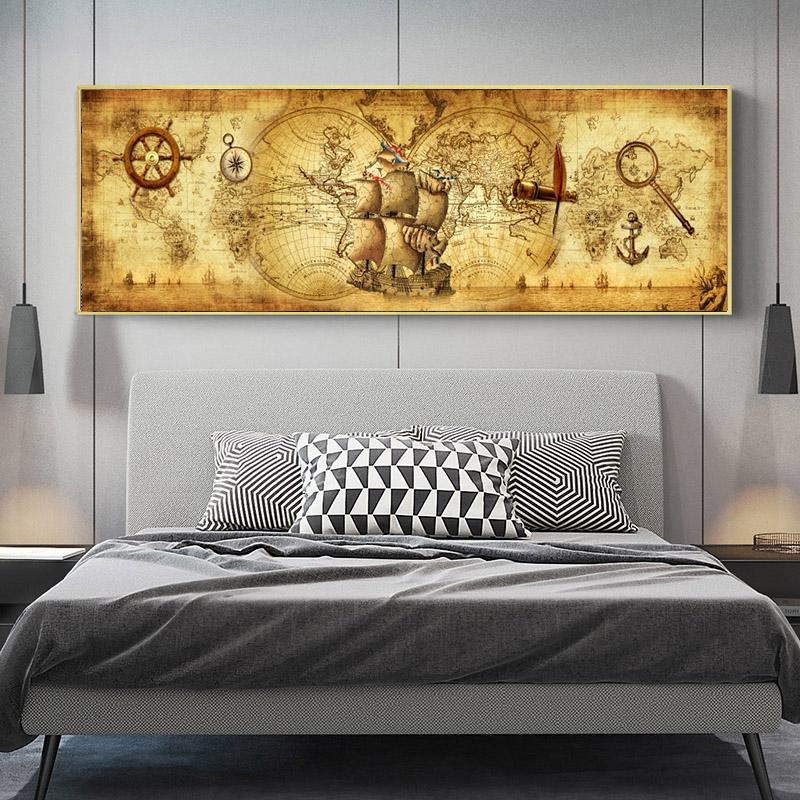 Карта мира Ретро Старые картины Холст Картины для гостиной Принты Домашнее украшение стен Постеры Без рамы