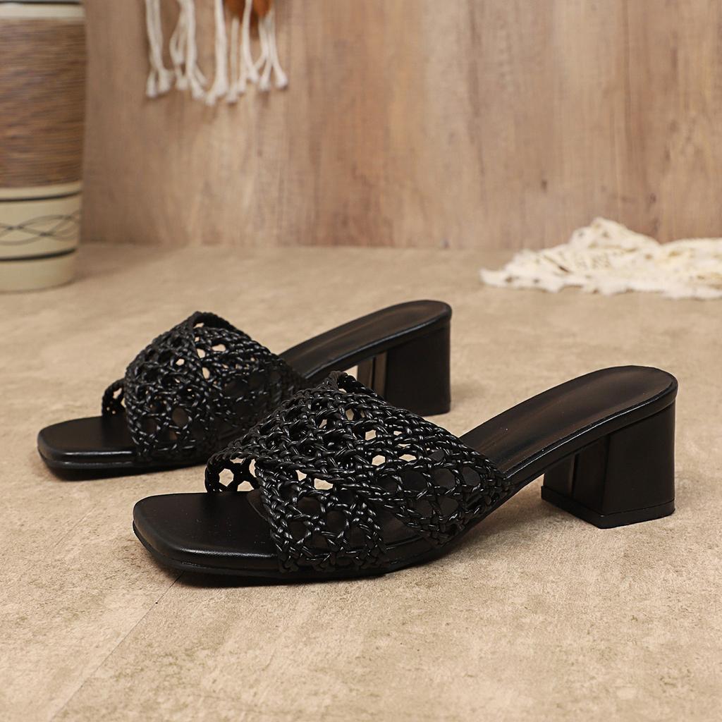 Мода Женские Туфли на Высоком Каблуке Шлепанцы Модная Обувь Квадратный Носок Массивные Сандалии Плетение 2025 Дизайнерские Сексуальные Платье Вечеринка Слингбэки Туфли