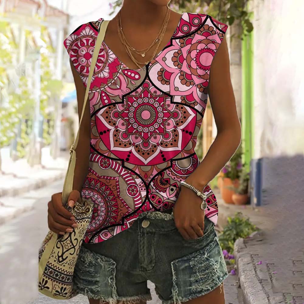 Летние винтажные цветочные 3D-принты для женщин, уличные майки, свободный жилет с V-образным вырезом, без рукавов, с открытыми плечами, женская майка